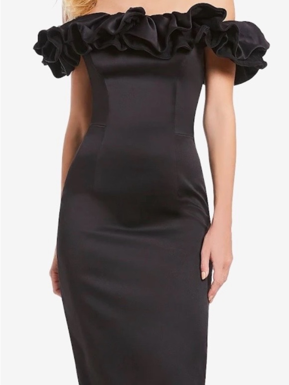 Antonio Melani Black Off Shoulder Ruffle Satin Midi Dress Size 4